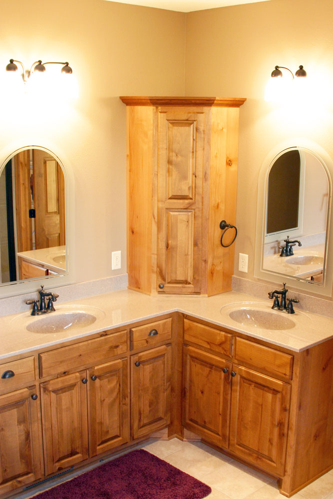 Double-sink wood vanity w/corner cupboard
