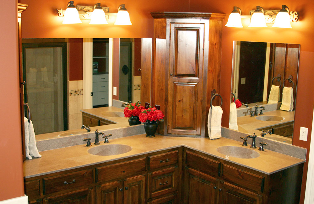 Double-sink wood vanity w/corner cupboard