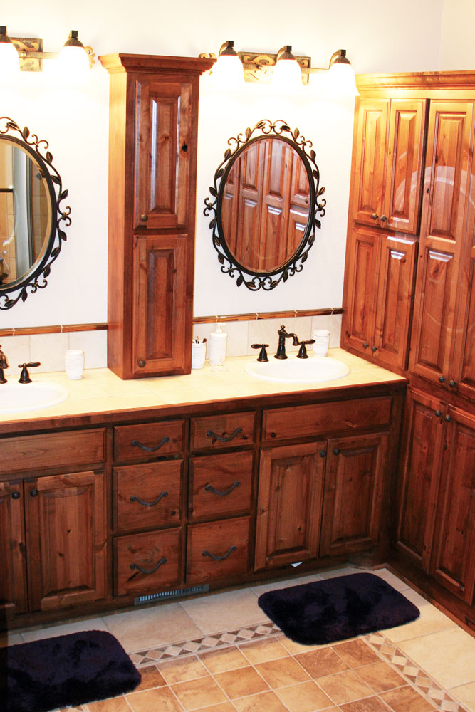 Double-sink wood vanity w/cupboards