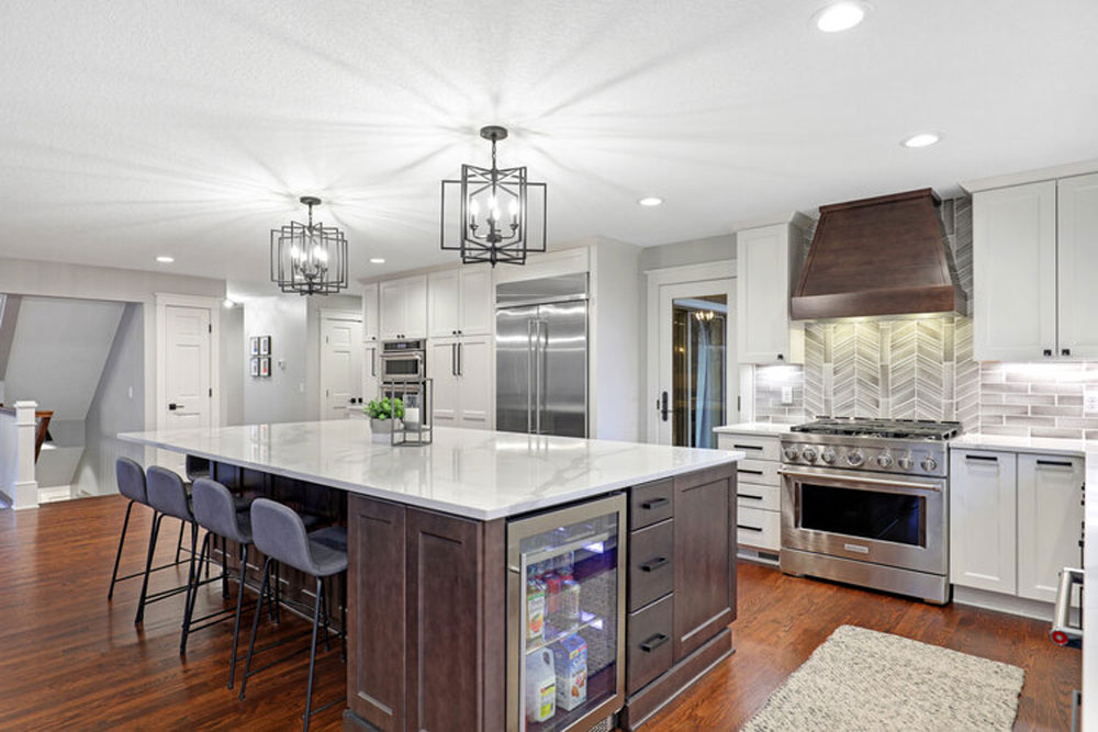 White cabinets/contrasting wood island w/seating
